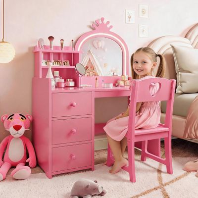 JoanKaren Pink Kids Vanity Chair 3-Color Touch Light Mirror Storage Drawer