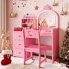 JoanKaren Pink Kids Vanity Chair 3-Color Touch Light Mirror Storage Drawer view 2