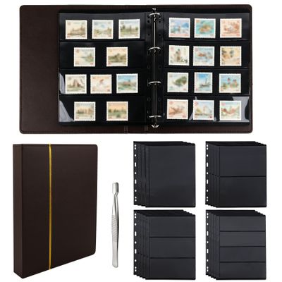 KINCHYGO, Stamp Collecting Albums Set Pocket Stamps Book Stockbook Include 20 Sheets Album Binder Pages and Tweezer for Collectors