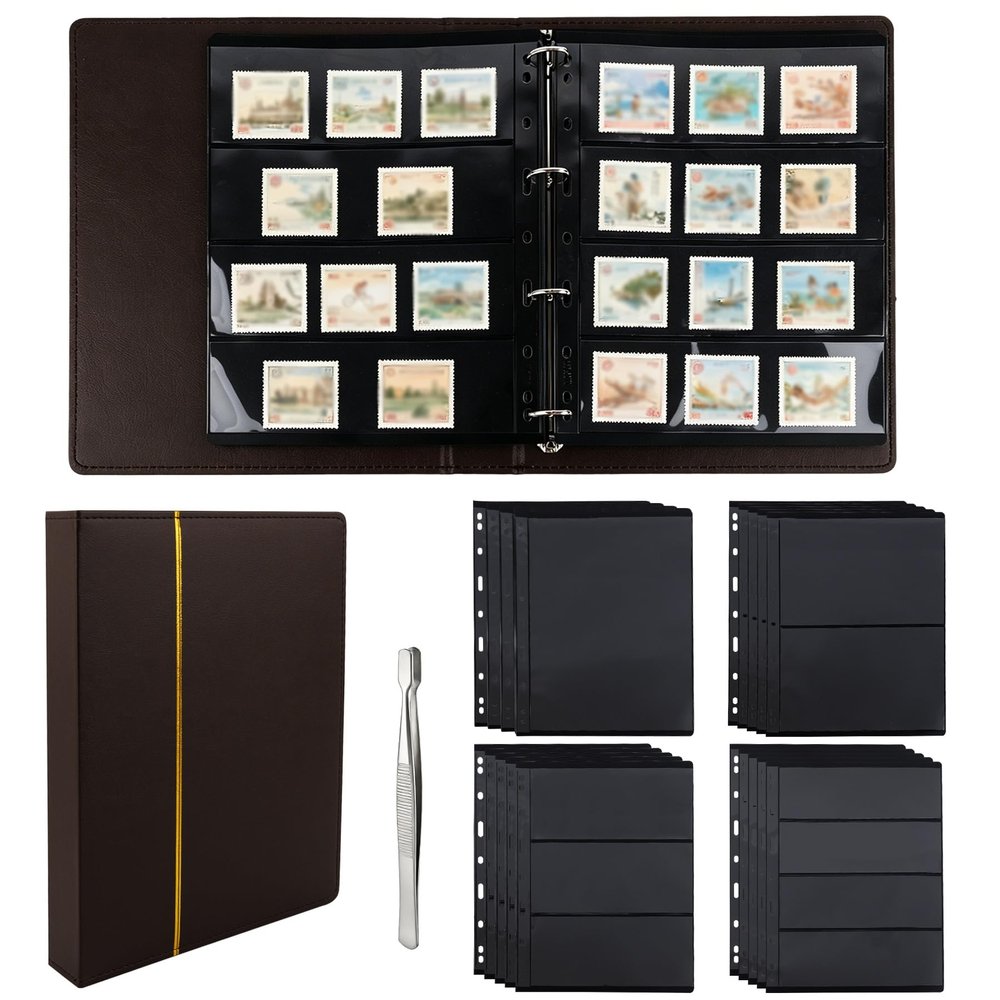KINCHYGO, Stamp Collecting Albums Set Pocket Stamps Book Stockbook Include 20 Sheets Album Binder Pages and Tweezer for Collectors