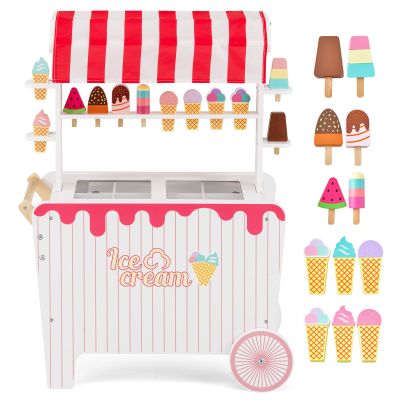 Costzon Ice Cream Cart Playset, Wooden Grocery Store w/Display Rack & Shelves, Frozen Compartment, 2 Large Wheels, Push Handle, 16 PCS Play Food, Toddler Ice Cream Trunk Toy Set for Boys Girls 3+