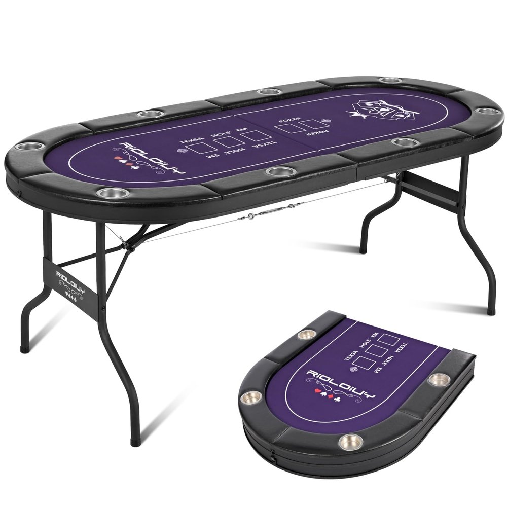 Rioloiuy 8 Player Poker Table Foldable, Texas Holdem Casino Table with Padded Rails & Cup Holders, Portable Folding Game Table for Home or Game Room, 71 Inch