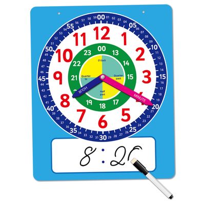 Sjfbebsy Learning Clock, 15.3x10.6Inch Teaching Clocks for Kids with Movable Hands, Write & Wipe Practice Clock to Learn Time for Kids with Writing Pen, Blue | Practice for Learning Time