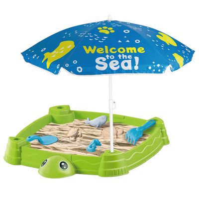 Kurvorath Water Table with Umbrella - Turtle Shape Sand & Water Play Table, Outdoor Sand Box with Lid for Toddlers