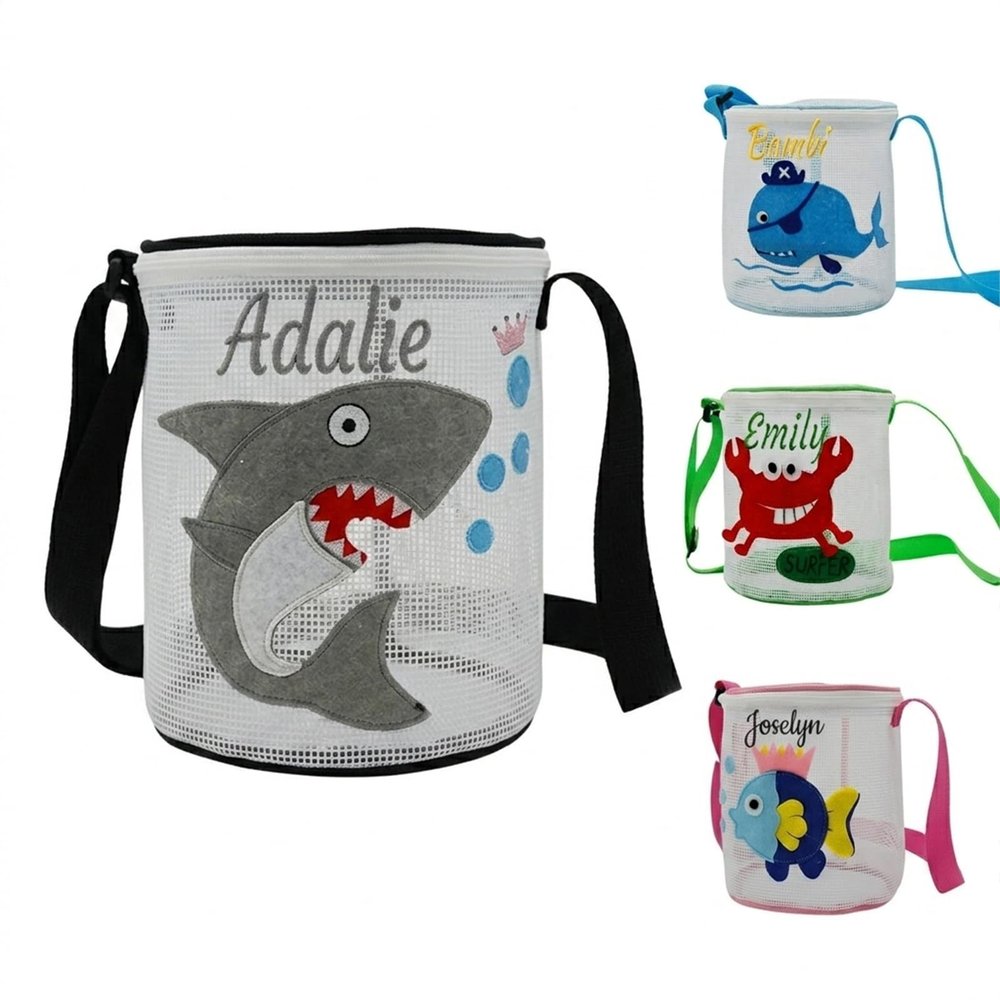 AtiMing Personalized Mesh Beach Bag for Kids, Cylindrical Custom Name Children's Seashell Collecting Bags with Zipper & Adjustable Strap, Sand Sandproof Storage Tote for Boys & Girls - Grey Shark