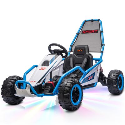 MOOITZ 24V Electric Go Kart for Kids, Drift Kart Dual 200W Motors, Durable Wheels & Metal Frame, Ride on Toy with Music Function and LED Lights for Kids Aged 6+, Blue