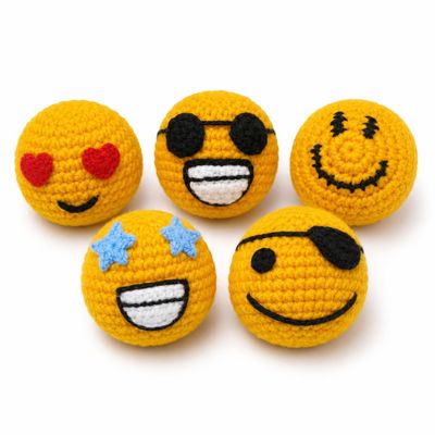 Handmade Crochet Footbag Set of 5, 2 Inch Soft Kick Balls with Fun Face Designs, Small Toss and Squeeze Bean Bag Balls for Kids, Teens & Adults, Indoor Outdoor Travel Play