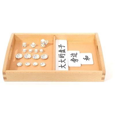 lstyty Montessori Adjective & Preposition Language Work Set, Mini Porcelain Tea Set with Wooden Tray, Educational Learning Kit
