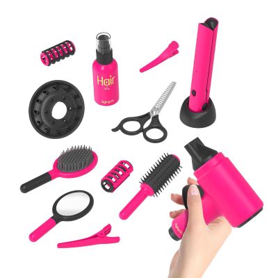 Realistic Working Mechanical Parts: Features Spring-Loaded Scissor Action Handles and Rotating Blow Dryer Nozzle attachments that Mirror Actual Salon Movements for Engaging Tactile Entertainment