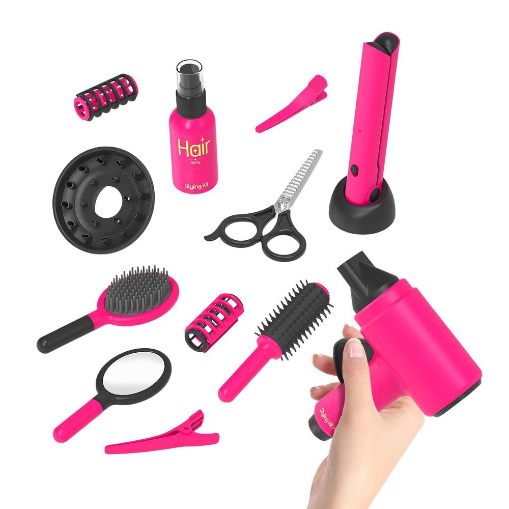 Realistic Working Mechanical Parts: Features Spring-Loaded Scissor Action Handles and Rotating Blow Dryer Nozzle attachments that Mirror Actual Salon Movements for Engaging Tactile Entertainment
