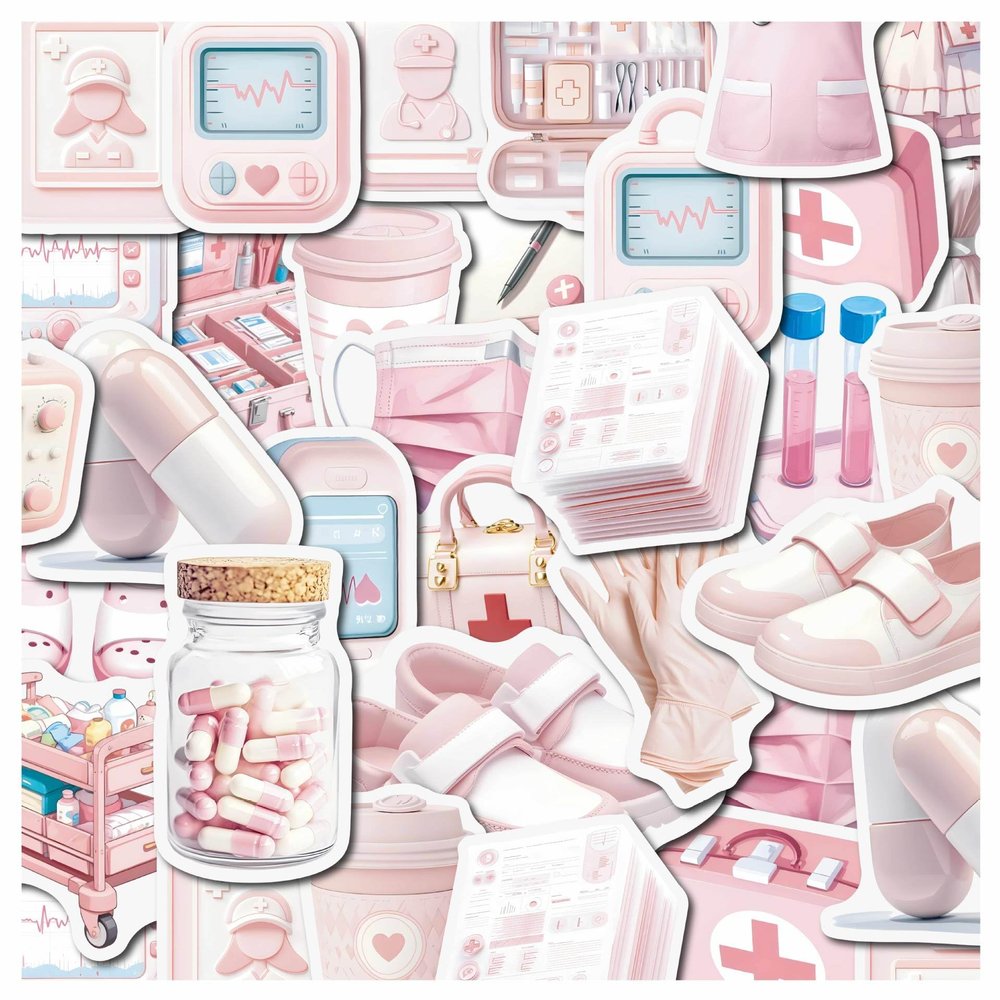 50Pcs Pink Medical Nurse Stickers, Waterproof Vinyl Decals for Water Bottle Laptop Phone Suitcase Scrapbook Diary Guitar, Cute Healthcare Stickers for Teens Girls Kids DIY Decor Party Favors Gifts