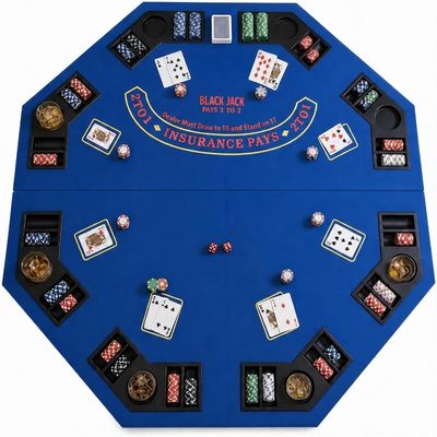 JOINLAUXE 48 Inch Octagon Folding Poker Table Top, Casino-Style Blue Tabletop with Cup Holders & Chip Trays, Portable 4-Fold Black Jack for Home Game Nights, Up to 8 Players, Carry Bag Included