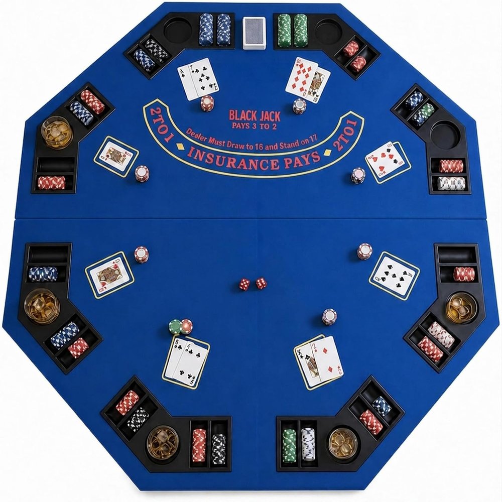 JOINLAUXE 48 Inch Octagon Folding Poker Table Top, Casino-Style Blue Tabletop with Cup Holders & Chip Trays, Portable 4-Fold Black Jack for Home Game Nights, Up to 8 Players, Carry Bag Included