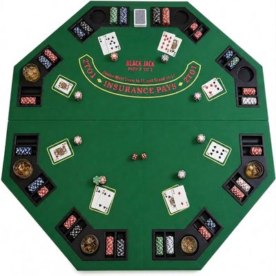 JOINLAUXE 48 Inch Octagon Folding Poker Table Top, Casino-Style Green Tabletop with Cup Holders & Chip Trays, Portable 4-Fold Black Jack for Home Game Nights, Up to 8 Players, Carry Bag Included