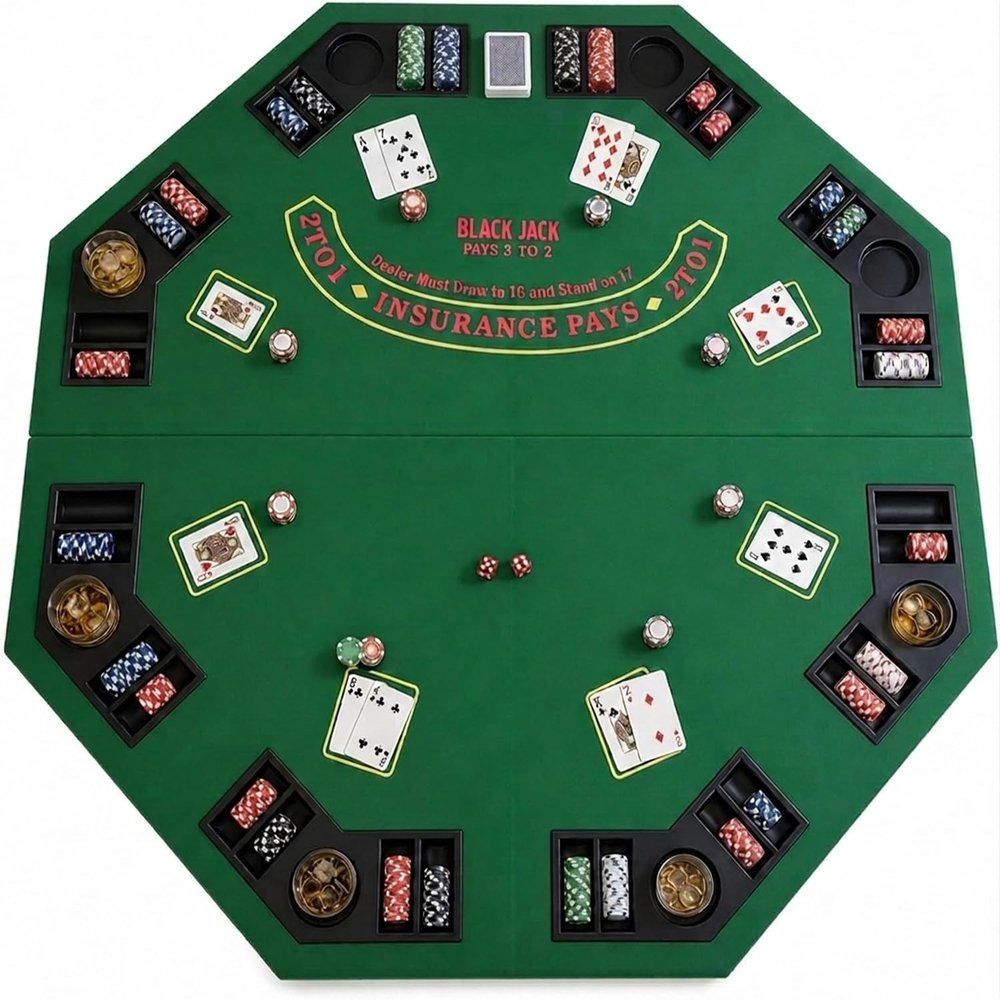JOINLAUXE 48 Inch Octagon Folding Poker Table Top, Casino-Style Green Tabletop with Cup Holders & Chip Trays, Portable 4-Fold Black Jack for Home Game Nights, Up to 8 Players, Carry Bag Included
