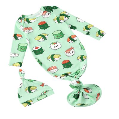 PATPAT Baby Sleeper Gown with Hat for Newborn, Knotted Baby Gown with Fold-Over Mittens for Infant Girl Boy Home Coming Gift, Cute Sushi, 3-6 Months