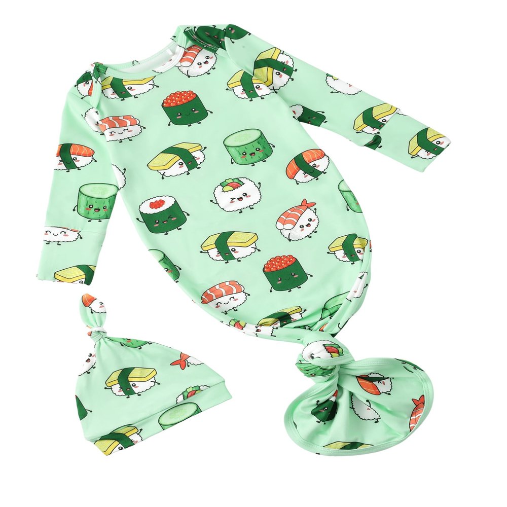 PATPAT Baby Sleeper Gown with Hat for Newborn, Knotted Baby Gown with Fold-Over Mittens for Infant Girl Boy Home Coming Gift, Cute Sushi, 3-6 Months