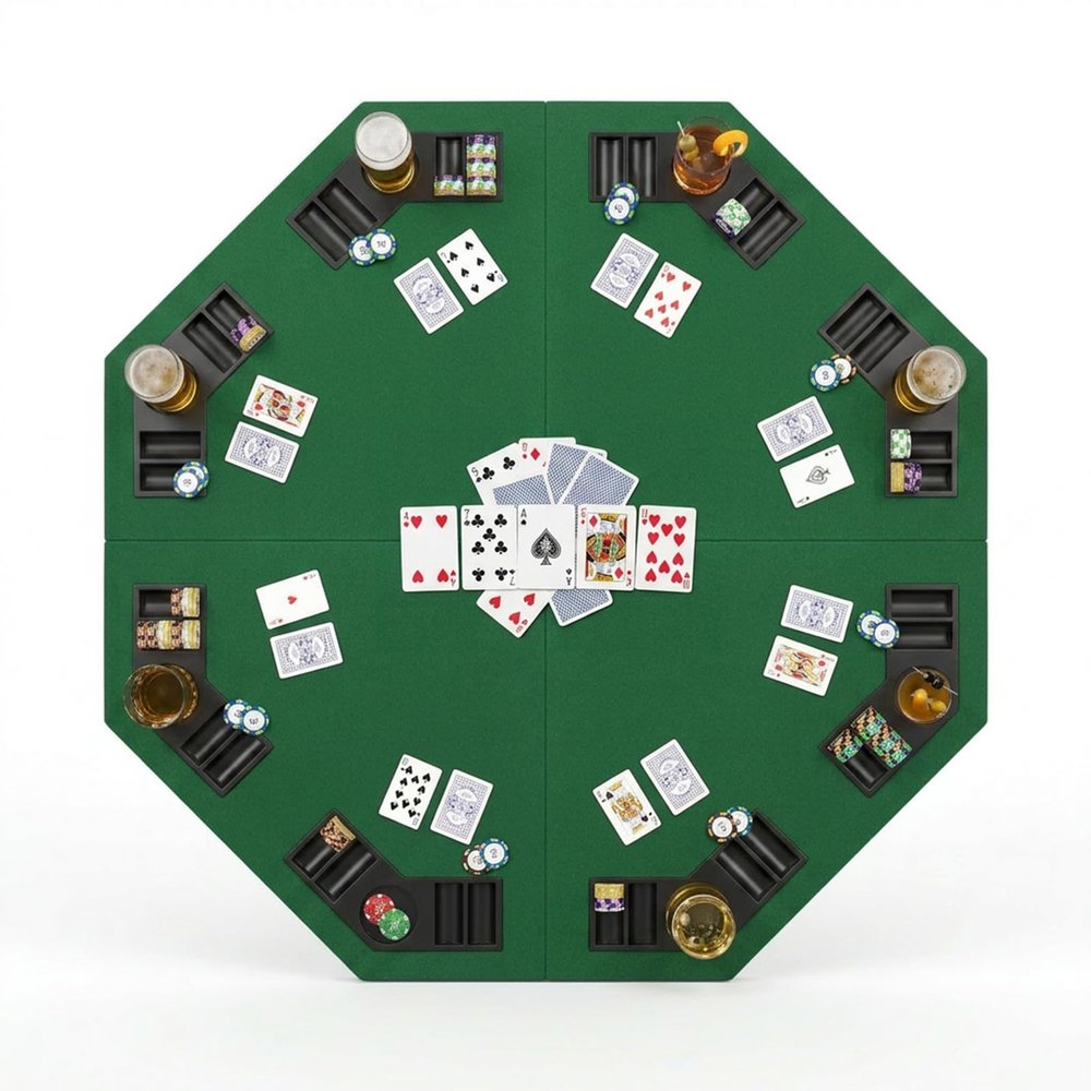 JOINLAUXE 48 Inch Octagon Folding Poker Table Top, Green Tabletop with Cup Holders & Chip Trays, Portable 4-Fold Texas Hold'em for Blackjack Home Game Nights, Up to 8 Players, Carry Bag Included