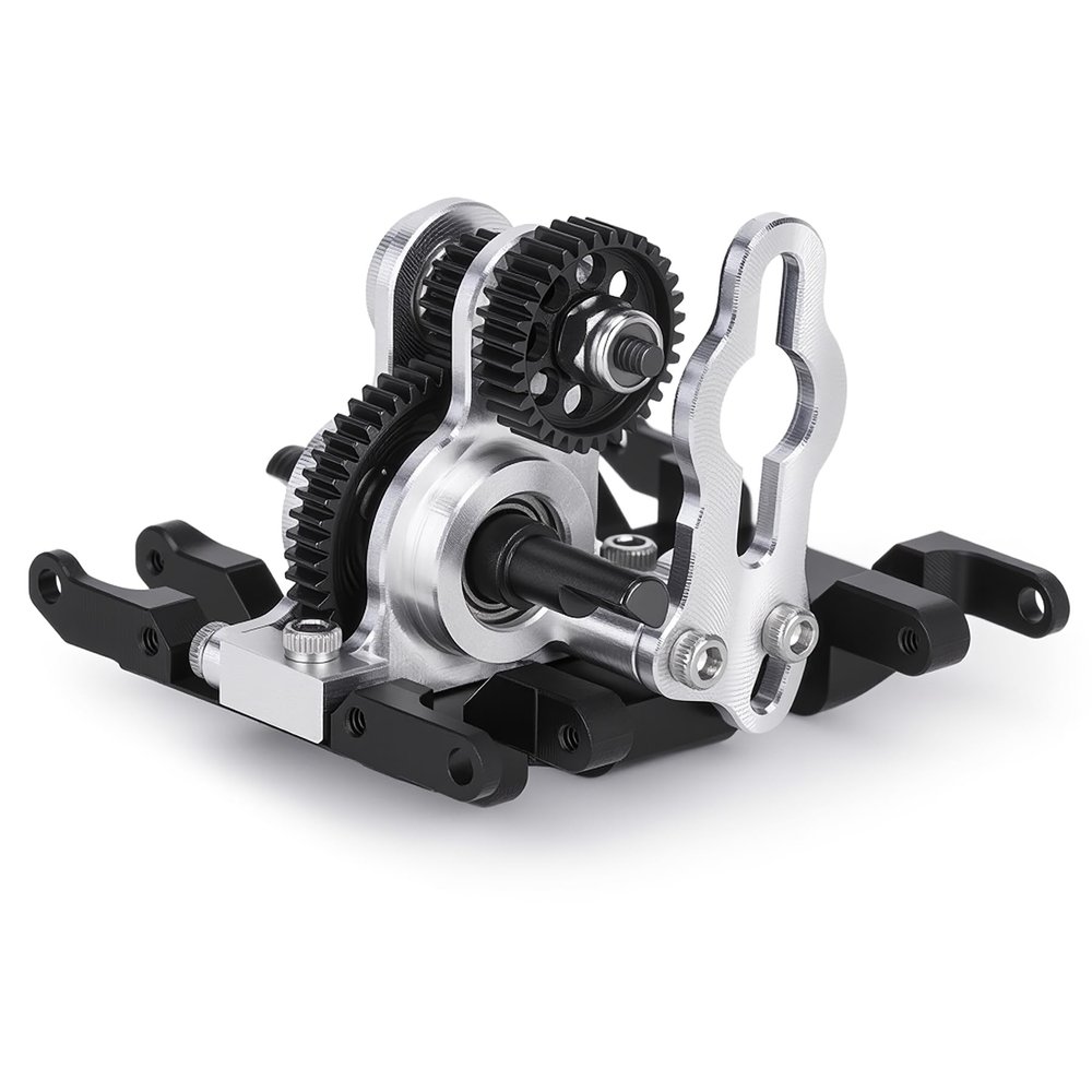 1/24 RC Crawler Transmission Upgrade, Ultralight CNC Aluminum Gearbox with Hardened Steel Gears, Delrin Skid Plate, Low Center of Gravity Rear Motor Mount for SCX24 AX24