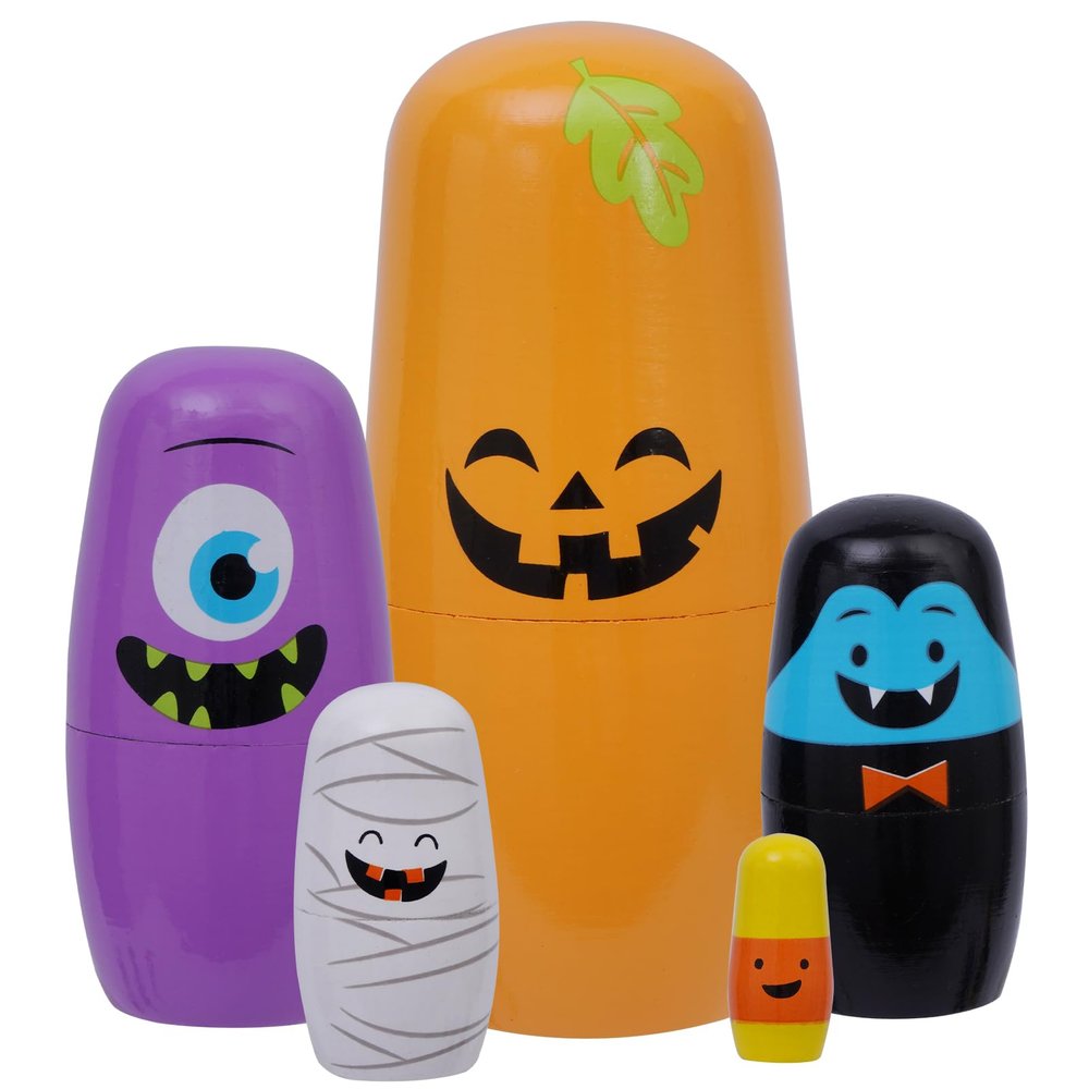 Tngan Halloween Nesting Dolls, 5Pcs 6"" Tall Russian Nesting Dolls, Handmade Matryoshka for Kids, Wooden Stacking Toys for Halloween Home Party Decorations (Pumpkin)