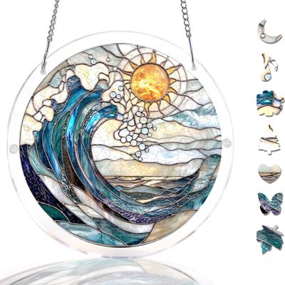 V-DECORPARKS Blue and White Waves Acrylic Puzzles Suncatcher Window Hanging, 7.8 inch Sun Catcher Acrylic Puzzles Garden Decoration for Women Men Mom Birthday Gift Home Decor