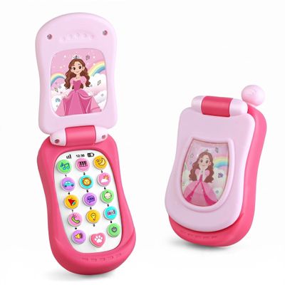 hahakarda Princess Baby Toy Cell Phone, Pink Flip Design, 16 Interactive Buttons, Sounds and Lights, for Early Development, Girl Birthday Gift
