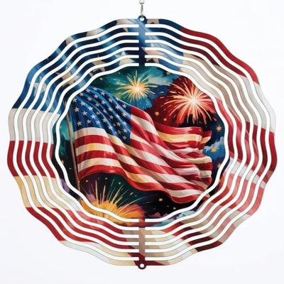 Patriotic American Flag Wind Spinner, 4th of July Fireworks Theme, Hanging Outdoor Decoration
