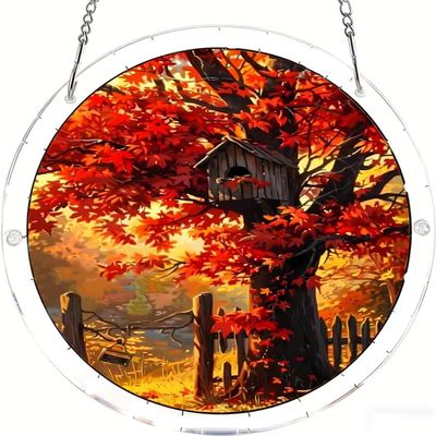 The Birdhouse on the Red Maple Tree Acrylic Puzzle for Adults, 8.2 inch Stained Glass Style Acrylic Jigsaw Puzzle Suncatcher Colorful Window Hanging Sun Catcher, Artistic Home Decor Gift