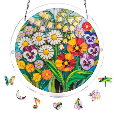 Jollitot Acrylic Puzzle for Adults, Flower Stained Glass Acrylic Jigsaw Puzzle Suncatcher Window Hanging, DIY Sun Catcher Puzzle with Unique Irregular Pieces, Home Decor Gift for Women Mom L