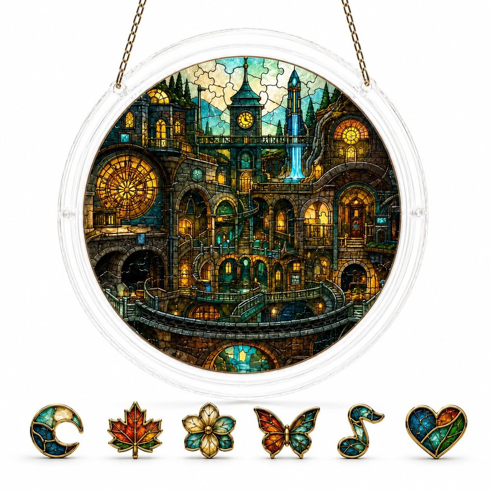 Acrylic Suncatcher Puzzle Stained Glass Effect Jigsaw, Underground London City Hidden Structure Hanging Art for Husband Father Birthday Gift, Round Window Decor with Shaped Whimsy Pieces