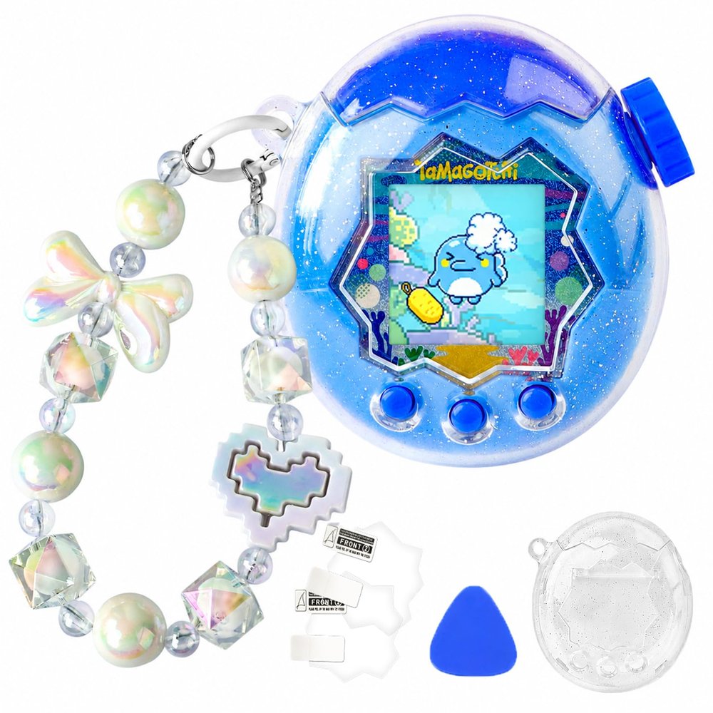 Case for Tamagotchi Paradise Electronic Pet - 2Pcs Screen Protector PC Protective Shockproof Cover with White Bow Beaded Wrist Strap for Tamagotchi Paradise Sleeve Toy (Clear Glitter)