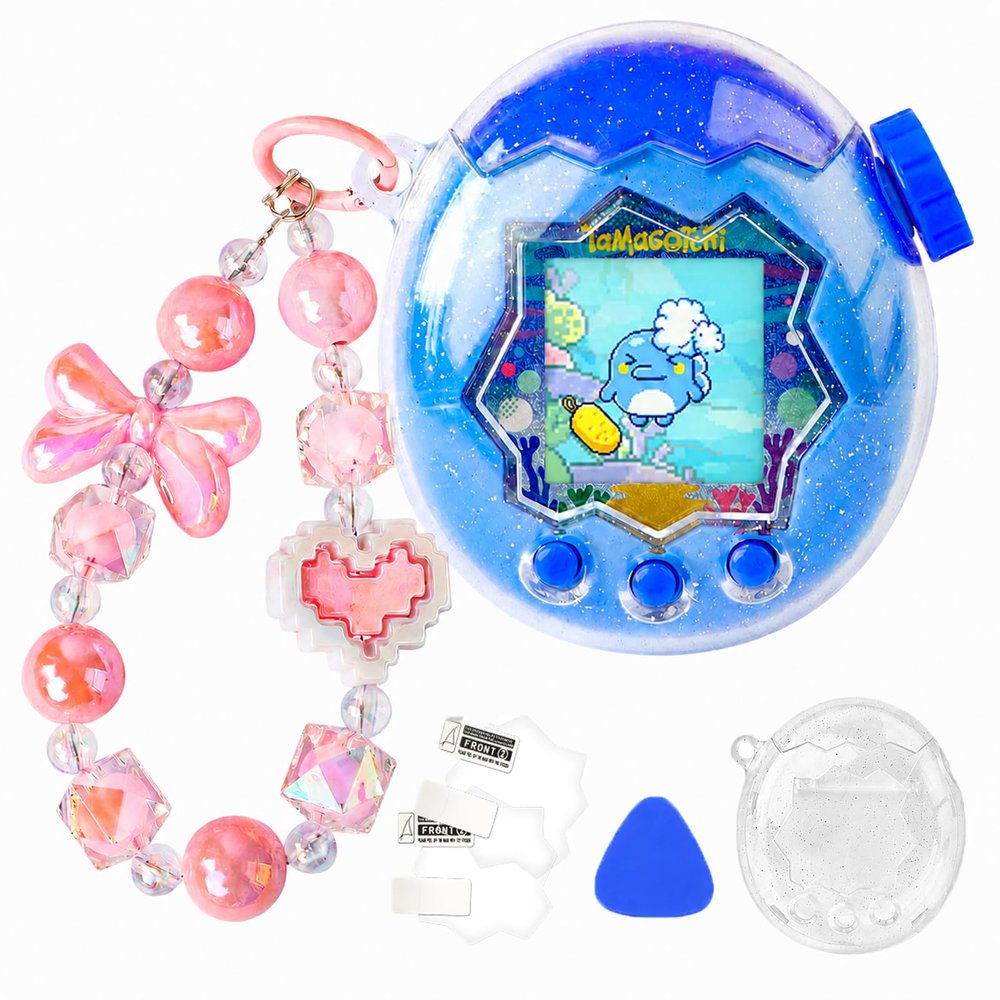 Case for Tamagotchi Paradise Electronic Pet - 2Pcs Screen Protector PC Protective Shockproof Cover with Pink Bow Beaded Wrist Strap for Tamagotchi Paradise Sleeve Toy (Clear Glitter)