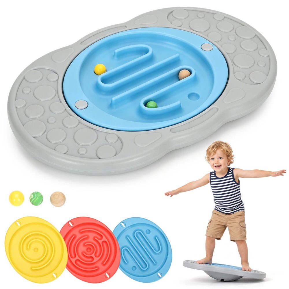 Kids 2-in-1 Maze Balance Board with 3 Swap Labyrinth Plates & 3 Balls