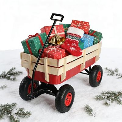 Wooden Utility Wagon Foldable Handcart with All-Terrain Wheels and Removable Side Panels Kids Pulling Cart Pet Stroller for Halloween Christmas, Red