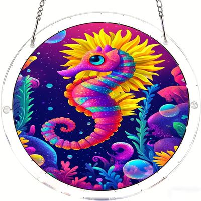 Rainbow Seahorse in Coral Acrylic Puzzle for Adults, 8.2 inch Stained Glass Style Acrylic Jigsaw Puzzle Suncatcher Colorful Window Hanging Sun Catcher, Artistic Home Decor Gift
