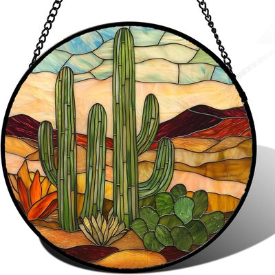 Green Cactus Acrylic Puzzle for Adults, 7.4 inch Stained Glass Style Acrylic Jigsaw Puzzle Suncatcher Colorful Window Hanging Sun Catcher, Artistic Home Decor Gift