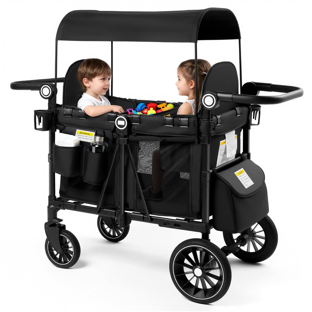 Kinder King Wagon Stroller for 2 Kids, Shock-Absorbing Wheel, Black