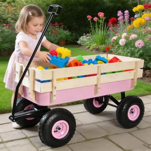 Wooden Utility Wagon Foldable Handcart with All-Terrain Wheels and Removable Side Panels Kids Pulling Cart Pet Stroller for Halloween Christmas, Pink