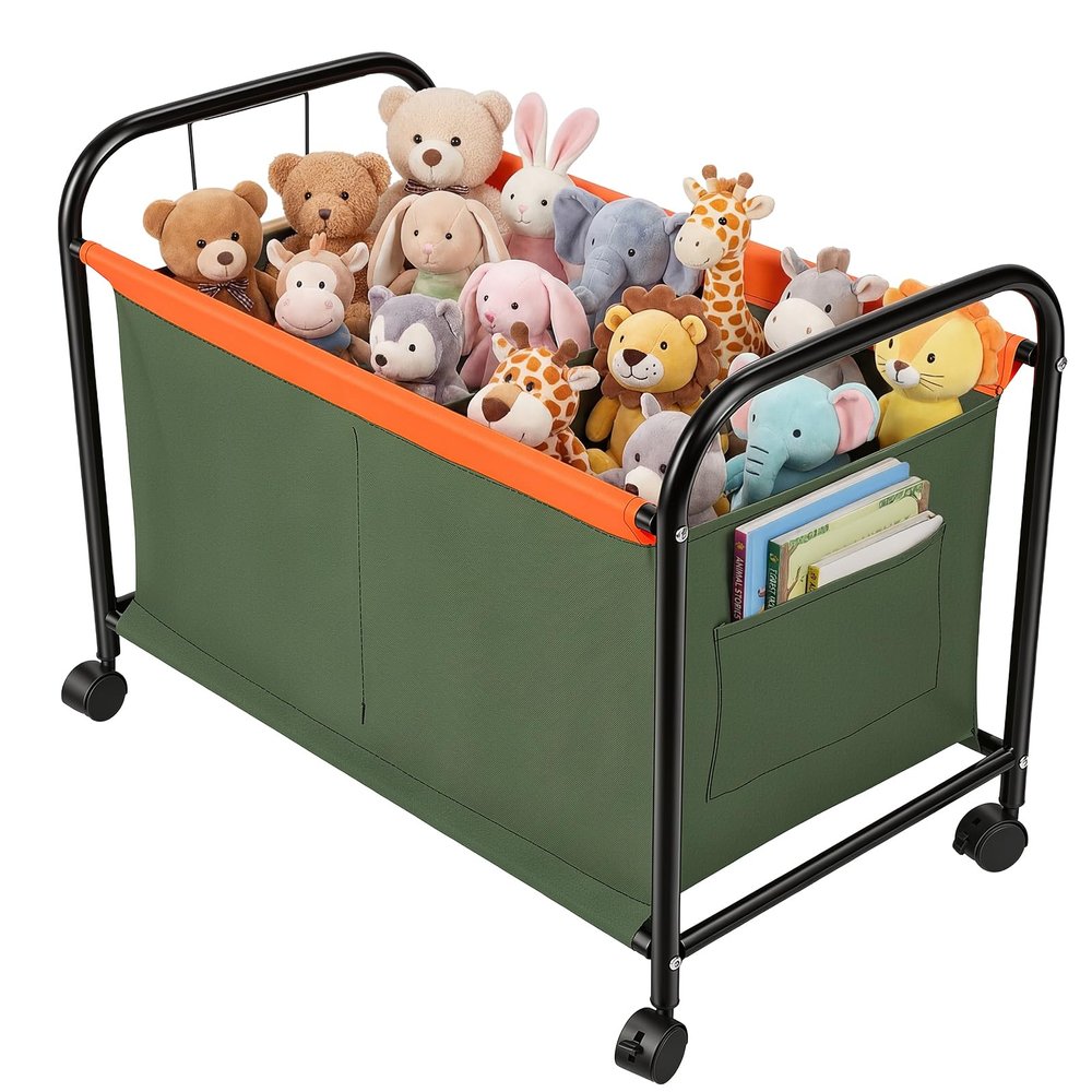 Children Toy Organizer with Wheels, Metal and Oxford Cloth Box, Toy Book Clothes Storage Organizer for Bedrooms, Rooms Green L