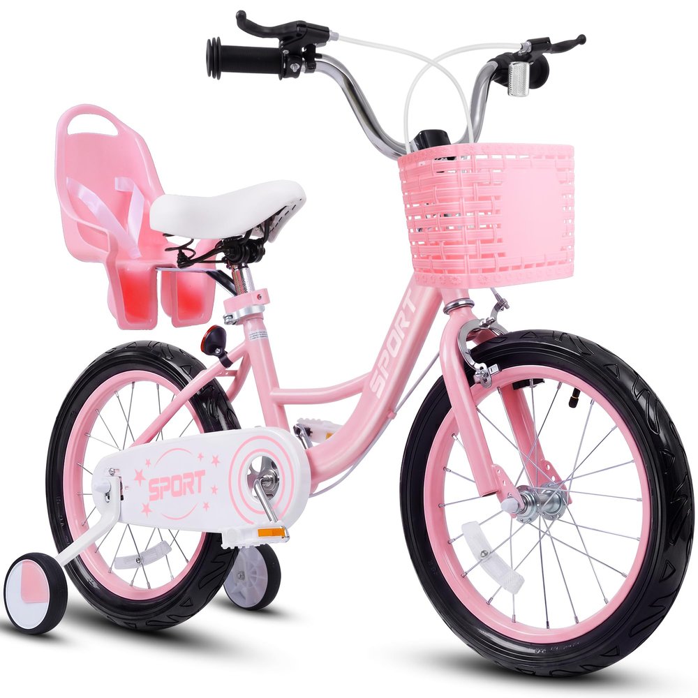 LOOKFLY 16" Kids Bike,Girls Bike with Training Wheels for Age 3+ Years Old,Basket and Doll Seat,Pink
