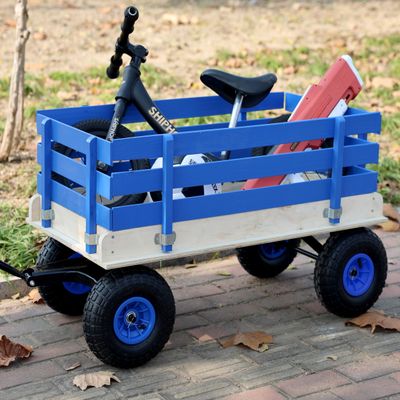 HeavyDuty Solid Wood & Iron PullAlong Wagon Cart, 176LBS Capacity, AllTerrain Rubber Wheels, Ergonomic Folding Handle, Large Open Cargo Box for Garden Beach Camping Backyard, Blue