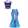 Agoky Girls Sequin Dance Vest Shiny Crop Top and Split Bell-bottom Costumes for Dancing Raves Festivals Blue 10 view 4