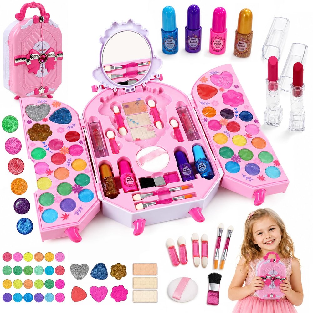 Kids Makeup Kit for Girls 5-8, Real Washable Makeup Set Toys with Mirror