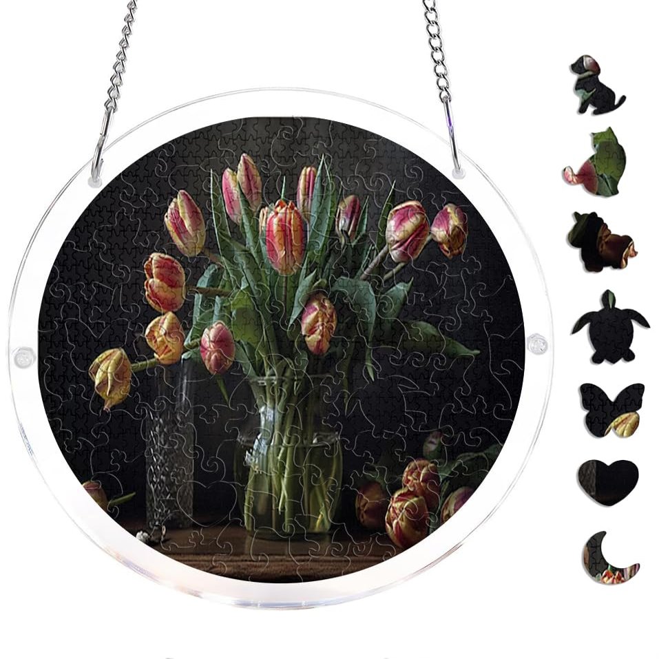 Acrylic Puzzle Suncatcher 83 Pieces Tulips in Vase Green Plant Artl Design DIY Home Decor Wall Hanging 7.4 in
