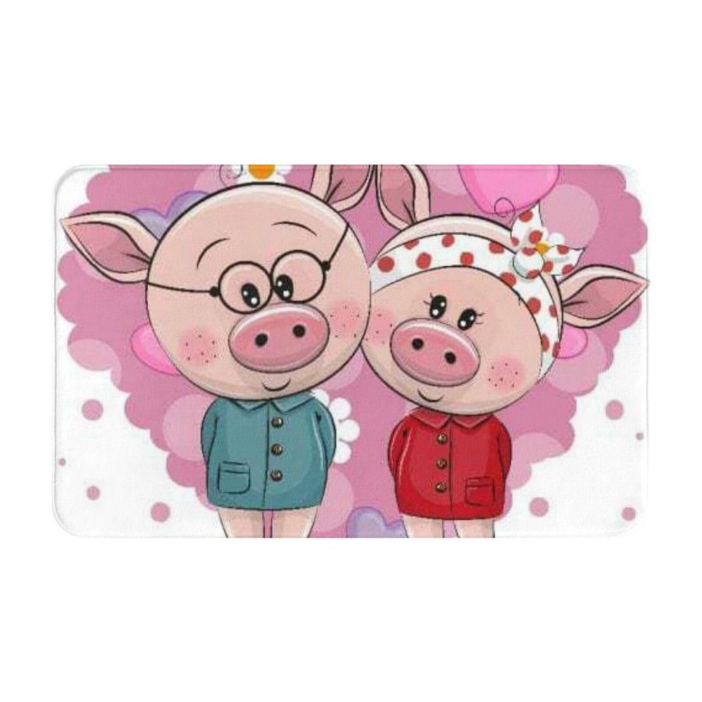 HIEJKQXC Two Cute Cartoon Pigs On A Background of Heart All Season Flannel Rug Polyester Indoor Outdoor Floor Mat 20x31.5in