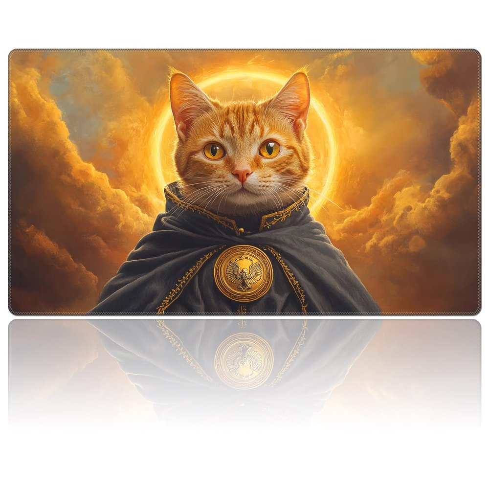 for MTG Playmat 27.5" x 15.74" inches for TCG Playmats Non-Slip Rubber Base Commander Play Mat HD Cover for MTG Play Mat Iorcana Trading Card Game, Orange Cat with Golden Halo