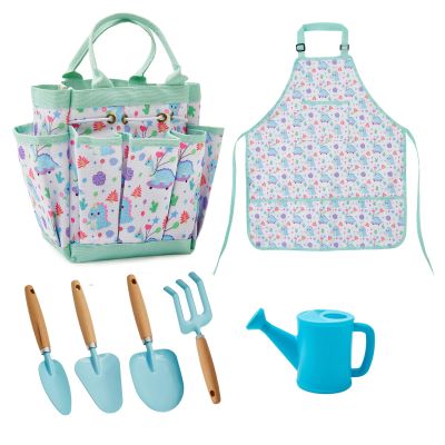 Ecolley Kids Gardening Tools Toddler Watering Can Gardening Apron Tote Bag, Watering Can, Shovel, Rake Blue Dinosaur Print