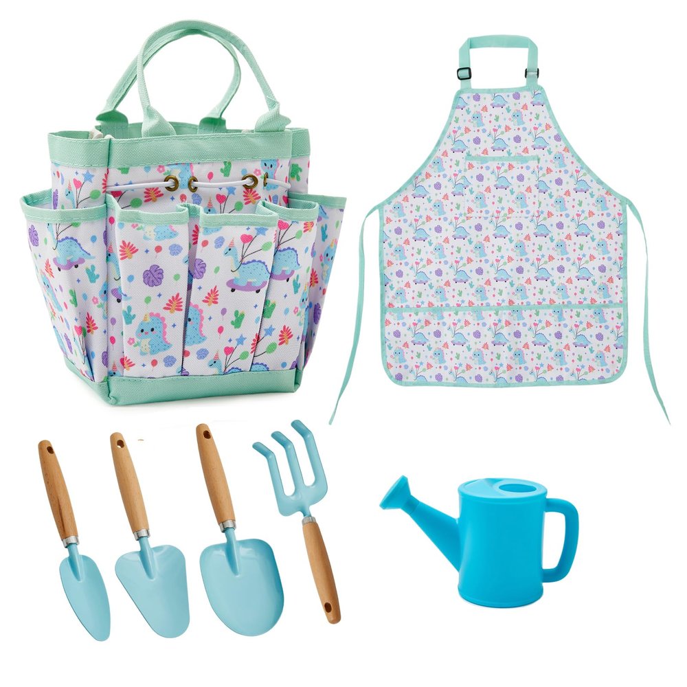 Ecolley Kids Gardening Tools Toddler Watering Can Gardening Apron Tote Bag, Watering Can, Shovel, Rake Blue Dinosaur Print