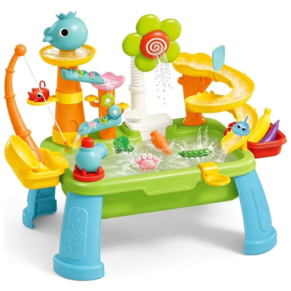 Bemonew Play Sink with Running Water, Multi-Functional Toddler Water Table, Electric Recirculating Table for Toddlers 1-3 with Slide, Green