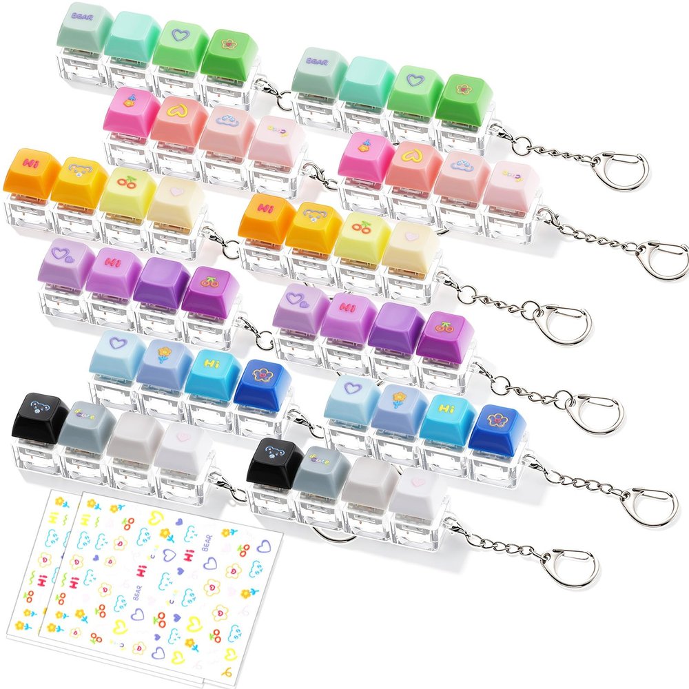 Outus 18 Pcs Keyboard Fidget Clicker 4-in-1 Keyboard Fidget Keychain with 2 Pcs Embossed Stickers Decompression Button Sensory Toys for Office Home Pass Time Anxiety Stress Relief (Gradient Color)